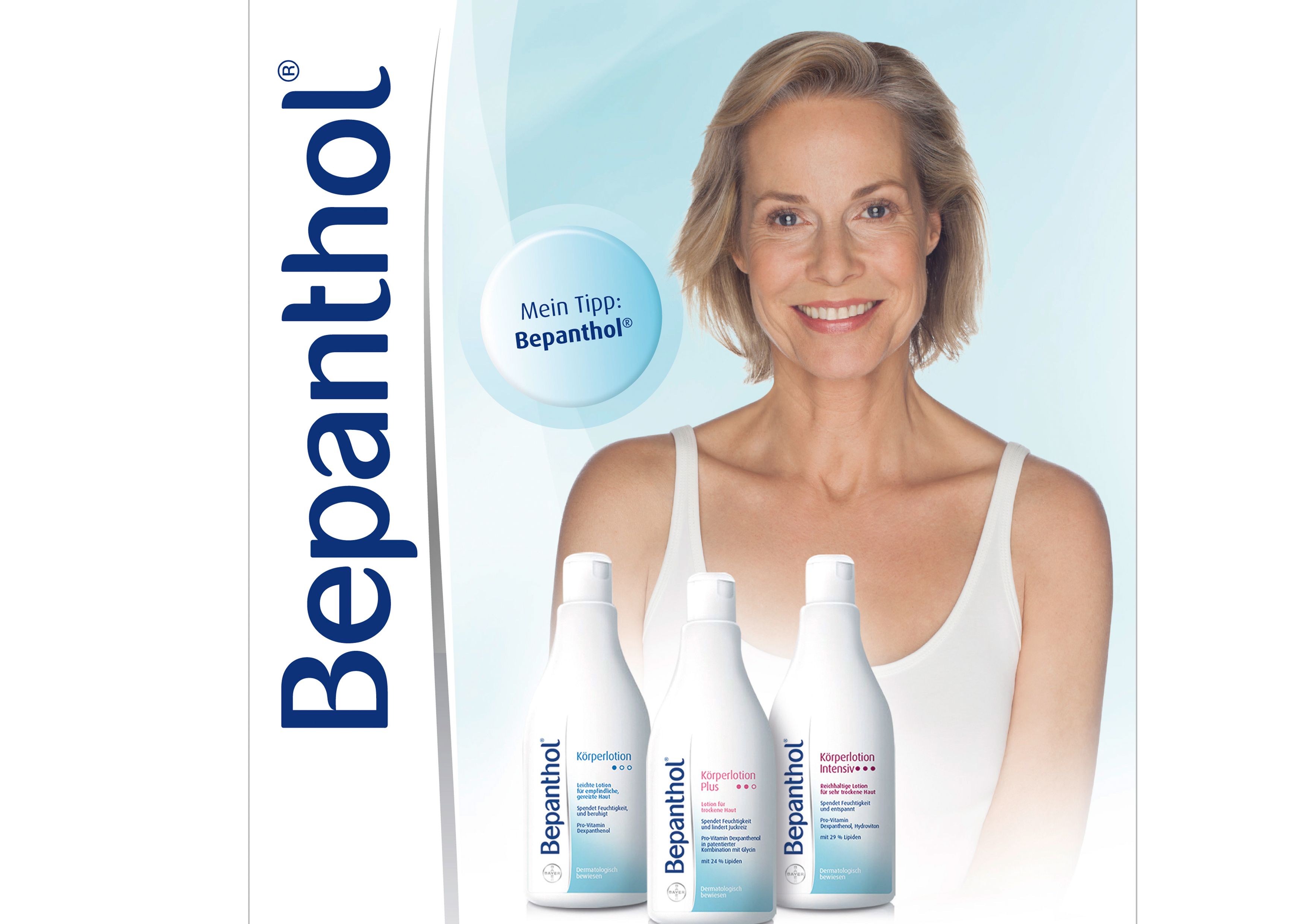 Bepanthol-Werbemotiv mit lächelnder Frau und drei Flaschen Körperlotion